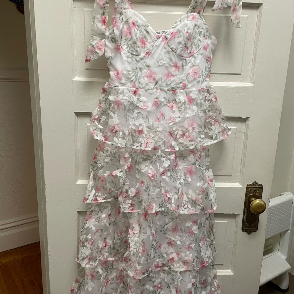 Lulu's White Floral Tiered Dress with Pink Blossoms